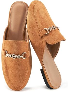 🆕 Women Tan Suede Mule Flats Gold Chain Link Pointed Toe Slip On Shoes